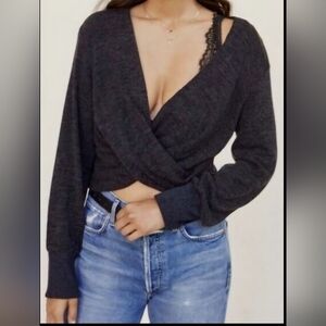 *NWT* Anthropologie Charcoal Gray Twist-Front Cropped Sweater | XL